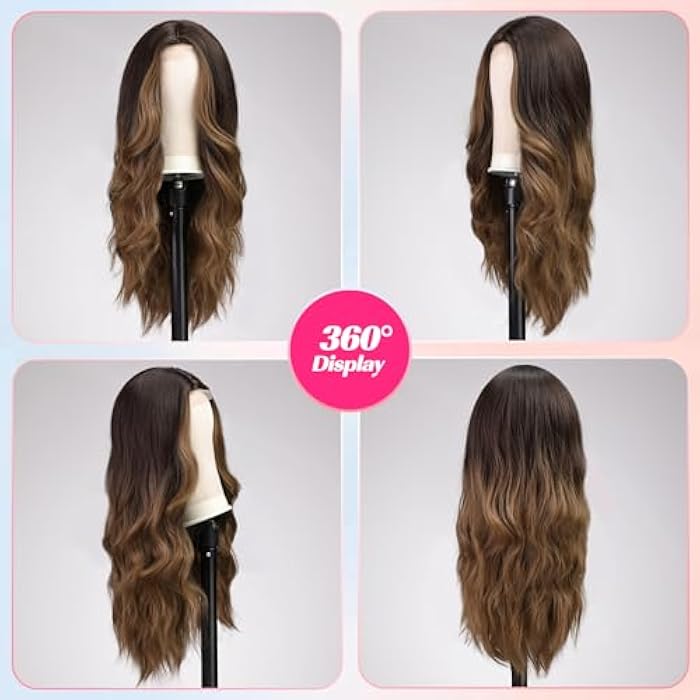 ECIF Long Curly Ombre, Brown Wigs For Women Middle Part Synthetic Wig Natural Looking Heat Resistant Fiber Lace Wigs 26 Inch（Brown） - Image 3